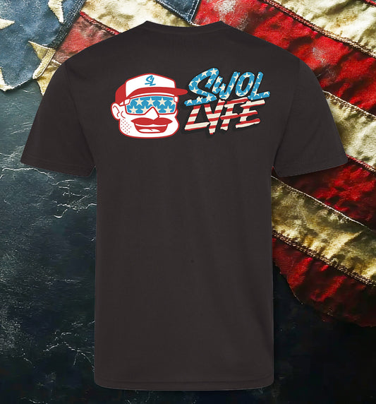 Black t-shirt with a graphic design on the back against an American flag background