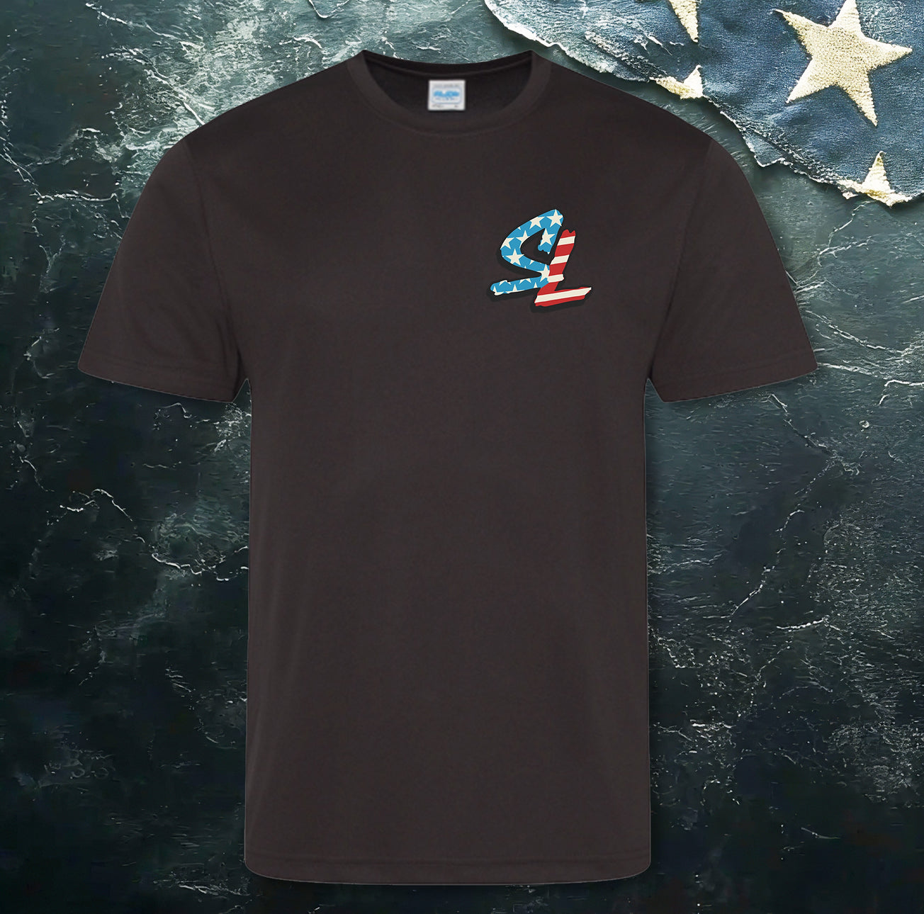 Black t-shirt with a colorful logo on a textured dark background
