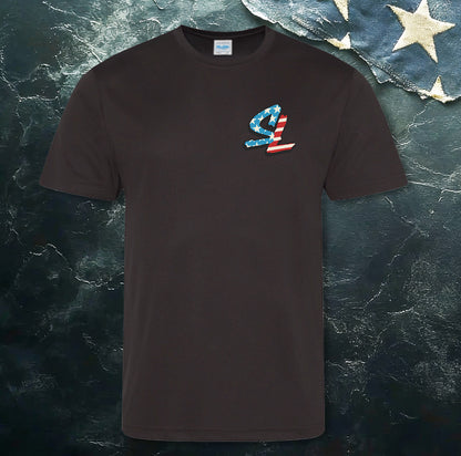 Black t-shirt with a colorful logo on a textured dark background