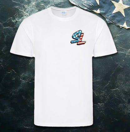 White t-shirt with a colorful logo on a dark textured background