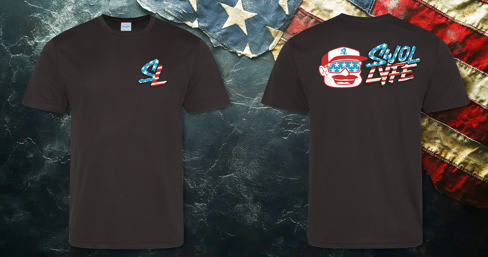 Black t-shirt with front and back designs on a textured surface with an American flag background