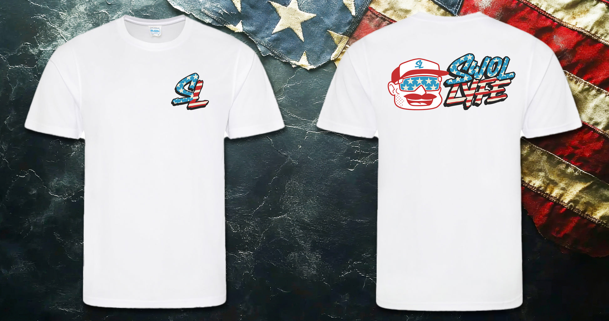 Two white t-shirts with colorful graphics on a textured surface with an American flag in the background.